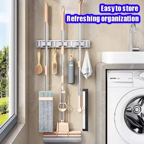 Wall Mounted Mop & Broom Organizer Rack with 5 Hooks Strong Mop Holder Self Adhesive for Kitchen Bathroom Cleaning Tools Storage