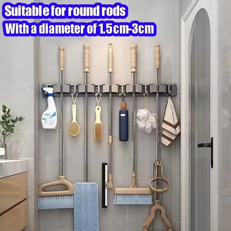 Wall Mounted Mop & Broom Organizer Rack with 5 Hooks Strong Mop Holder Self Adhesive for Kitchen Bathroom Cleaning Tools Storage