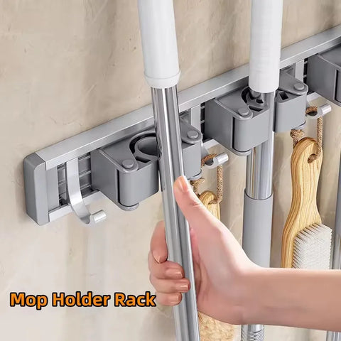Wall Mounted Mop & Broom Organizer Rack with 5 Hooks Strong Mop Holder Self Adhesive for Kitchen Bathroom Cleaning Tools Storage