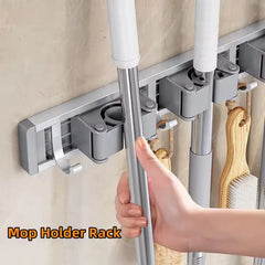 Wall Mounted Mop & Broom Organizer Rack with 5 Hooks Strong Mop Holder Self Adhesive for Kitchen Bathroom Cleaning Tools Storage