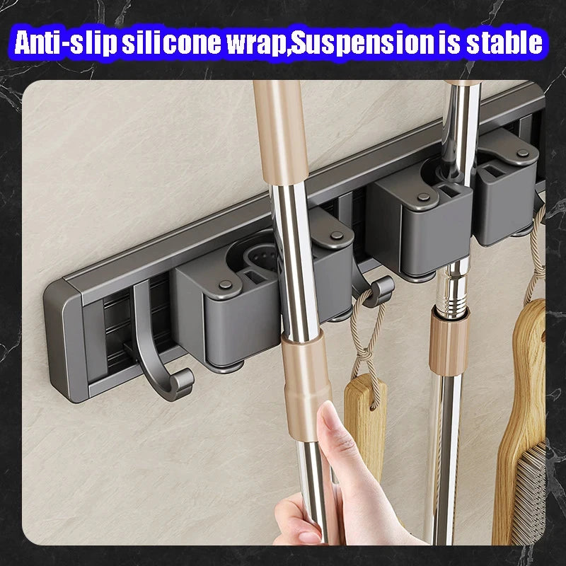 Wall Mounted Mop & Broom Organizer Rack with 5 Hooks Strong Mop Holder Self Adhesive for Kitchen Bathroom Cleaning Tools Storage