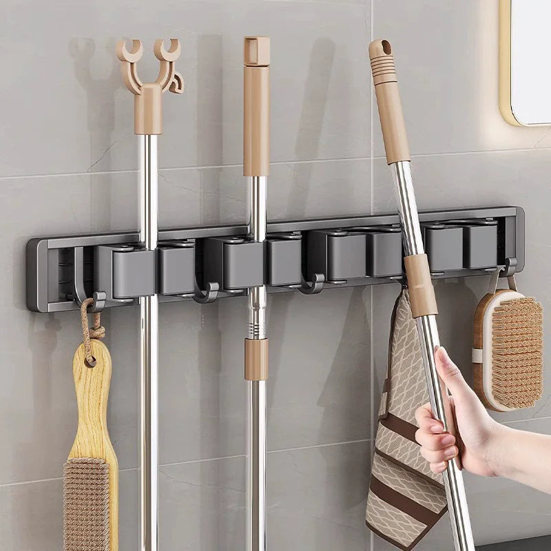 Wall Mounted Mop & Broom Organizer Rack with 5 Hooks Strong Mop Holder Self Adhesive for Kitchen Bathroom Cleaning Tools Storage
